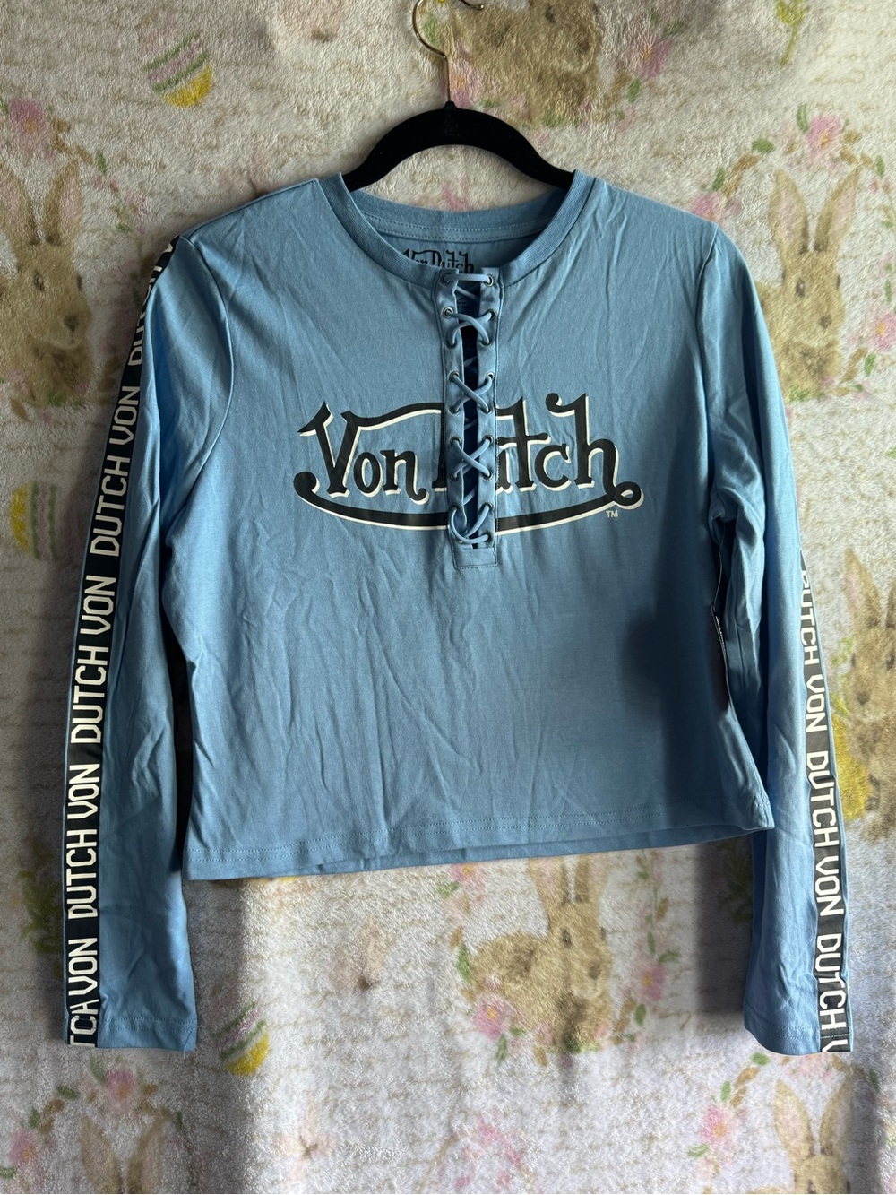 Von Dutch Light Blue Lace-Up Long Sleeve Crop Top with Logo Trim